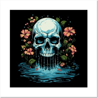 Flowers and waterfall - tattoo art skull Posters and Art